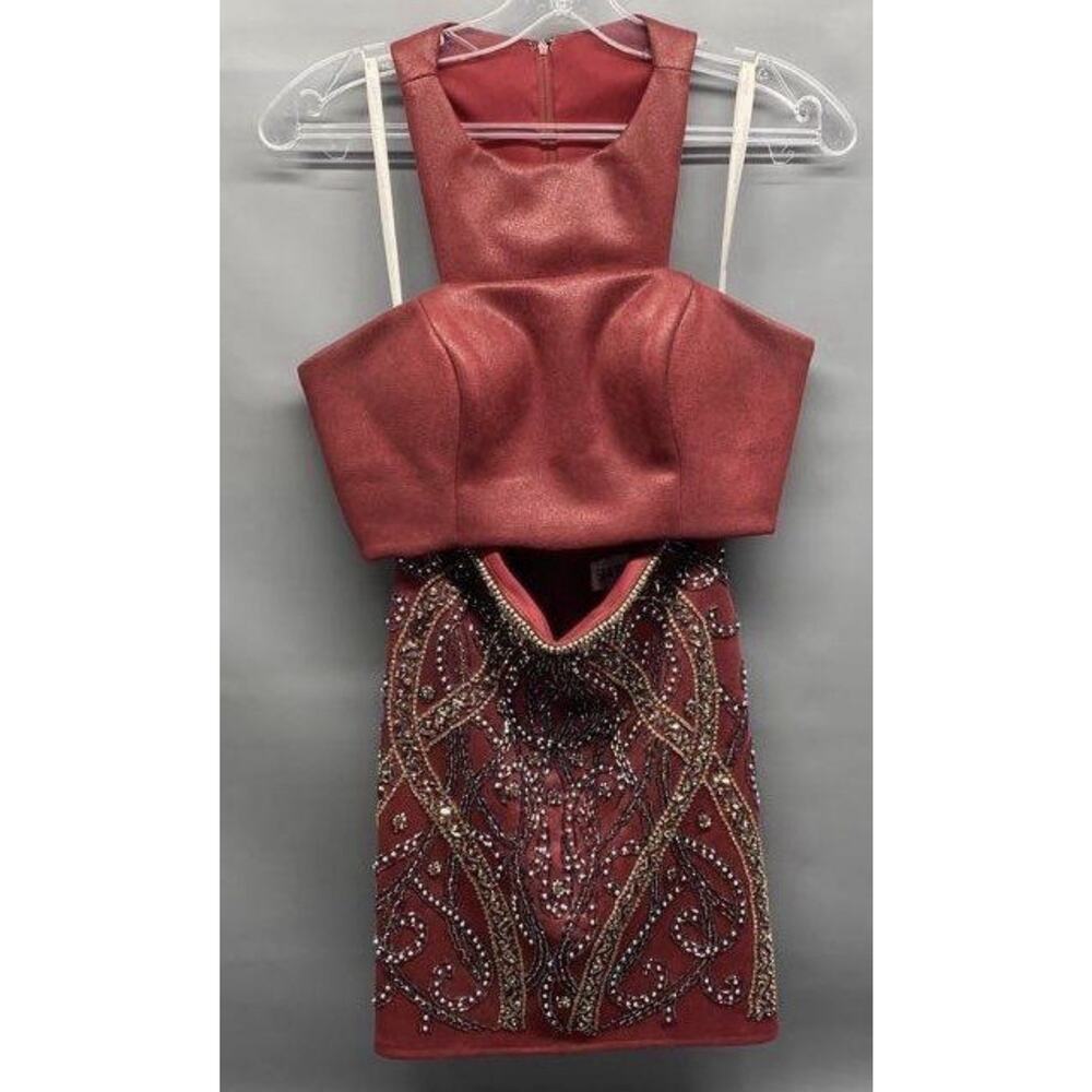 Sherri Hill Dress Two Piece Beaded Short Mini Sz 2 Burgundy Red Silver Sexy
